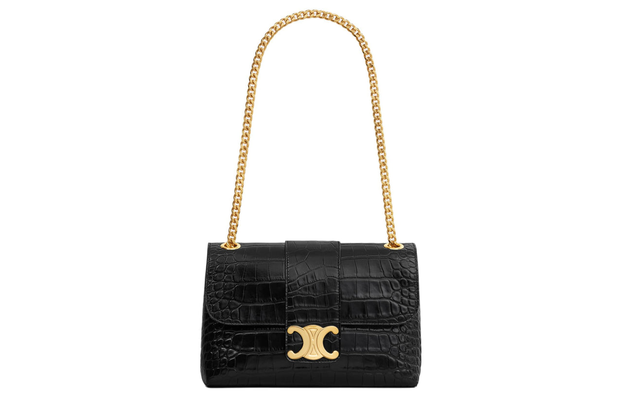 CELINE Crocodile Leather Shoulder Bag Crossbody Bag Medium Size Women's Black