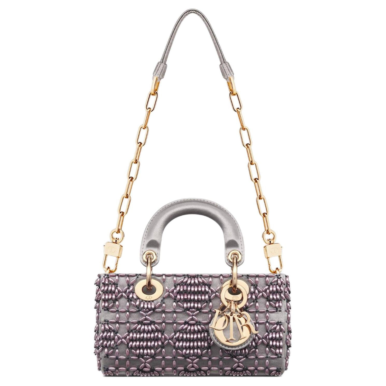 DIOR Lady D-JOY Embroidered Satin Shoulder Bag Crossbody Bag Handbag Extra Mini Women's Gray