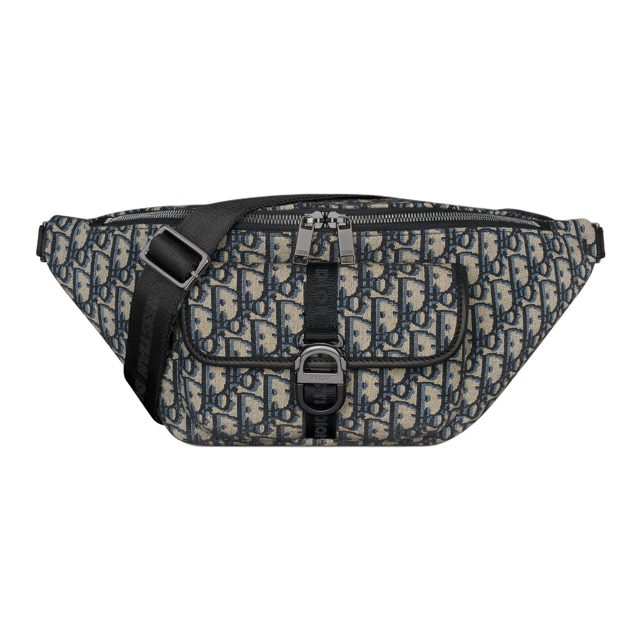 DIOR Embroidered Cotton With Calfskin Fanny Pack Men's Blue & Beige