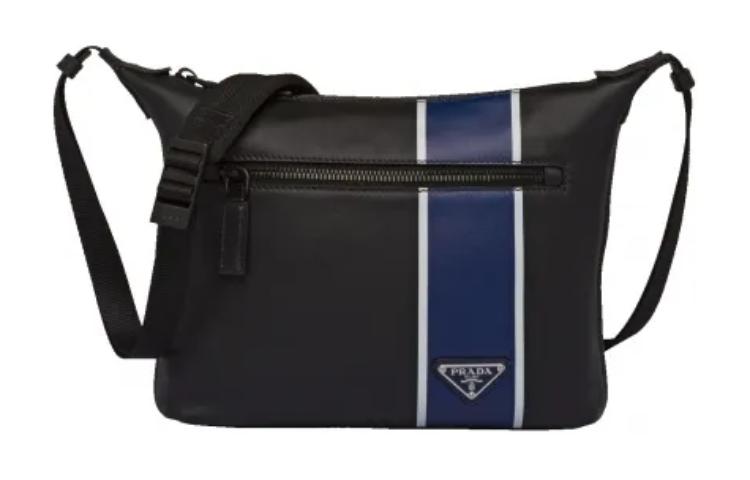 PRADA Calfskin Crossbody Bag Shoulder Bag Unisex Black With Cornflower Blue Accents