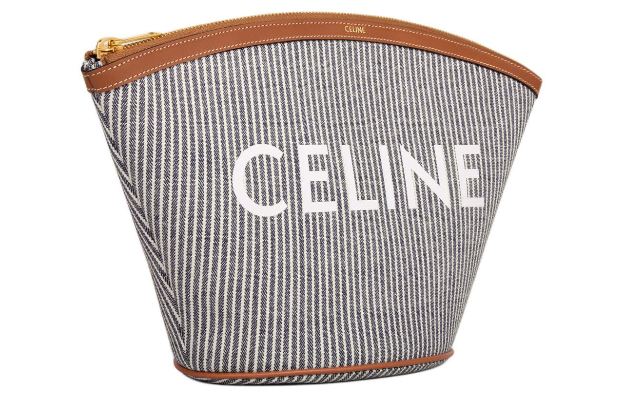 CELINE Fabric Cow Leather Patchwork Clutch Women's Marine Blue