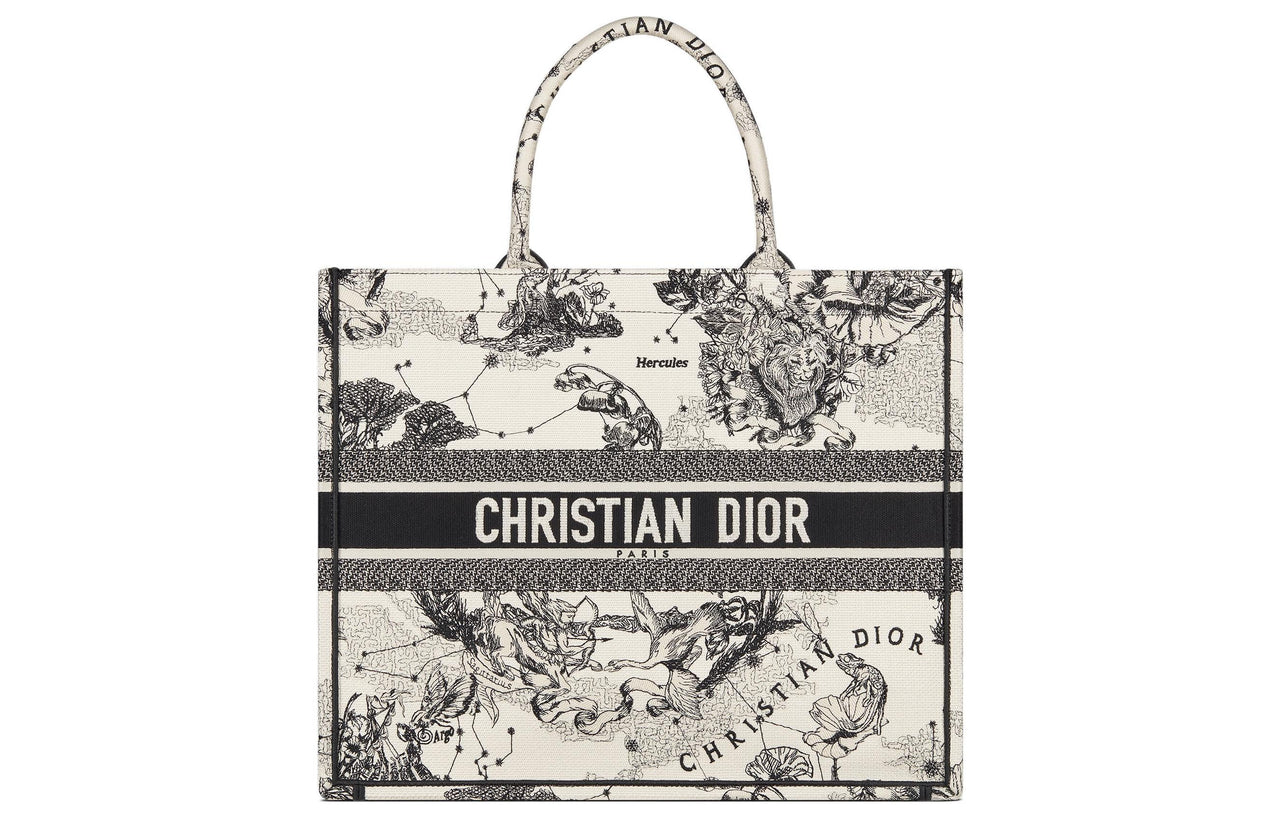 DIOR BookTote Embroidery Tote Bag, Shopping Bag, Handbag Tubas Women's Beige/Black