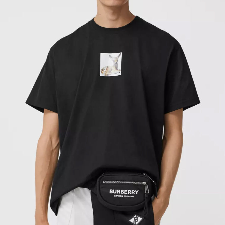 Men's Burberry Deer Print Cotton Oversized Printing Short Sleeve Black 80223691
