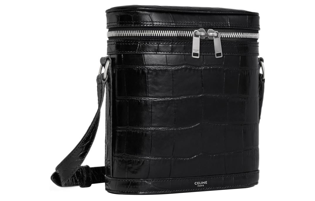 CELINE Crocodile Pattern Embossed Cow Leather Messenger Bag Crossbody Bag Shoulder Bag Men's Black