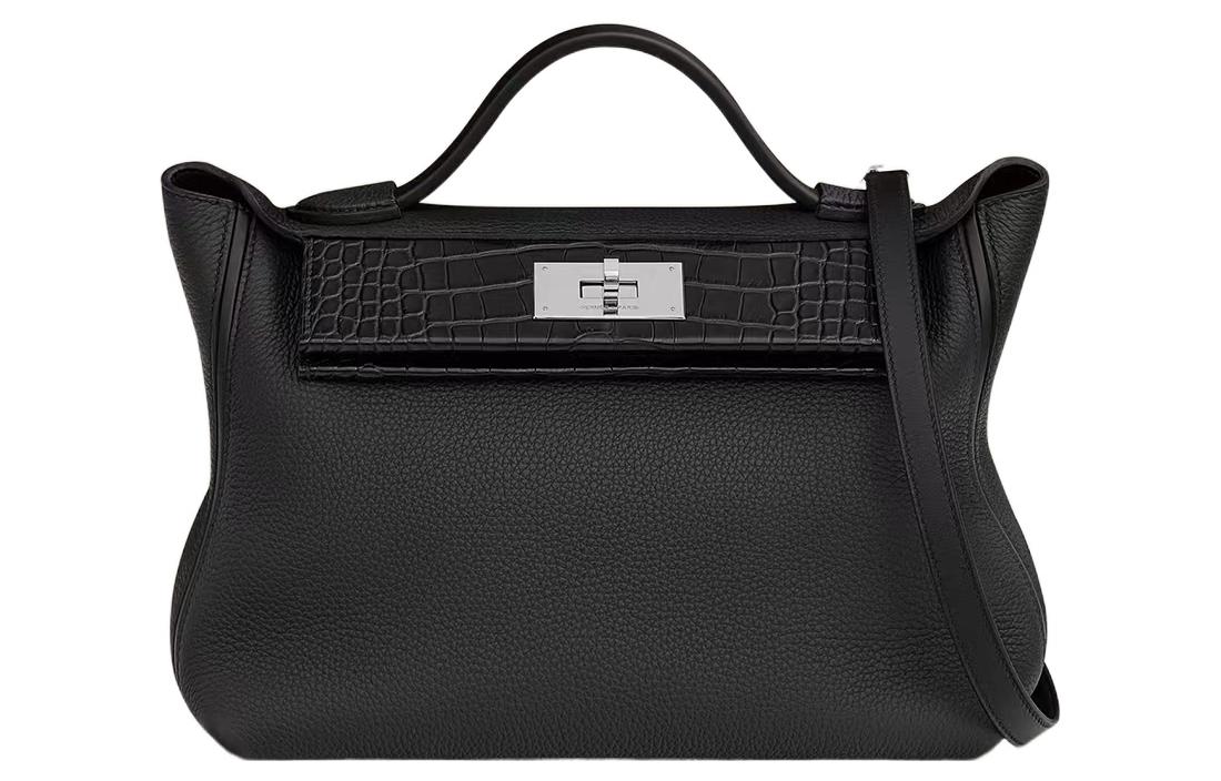 HERMES 24/24 Togo Swift Calfskin With Matte Crocodile Leather Handbag Shoulder Bag Crossbody Bag Women's Black