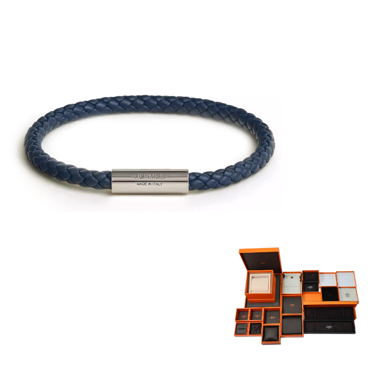 HERMES Calfskin Palladium-Plated Bracelets Men's Dark Blue