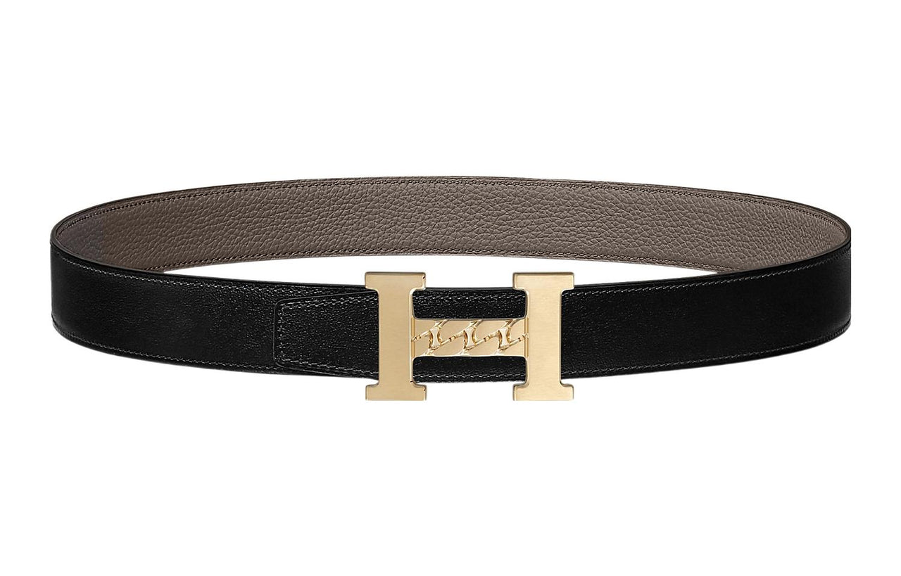 HERMES 5382 Gourmette Double-Sided Gold Buckle Epsom Calfskin Belt Unisex Black/Tin Gray Width: 3.2cm