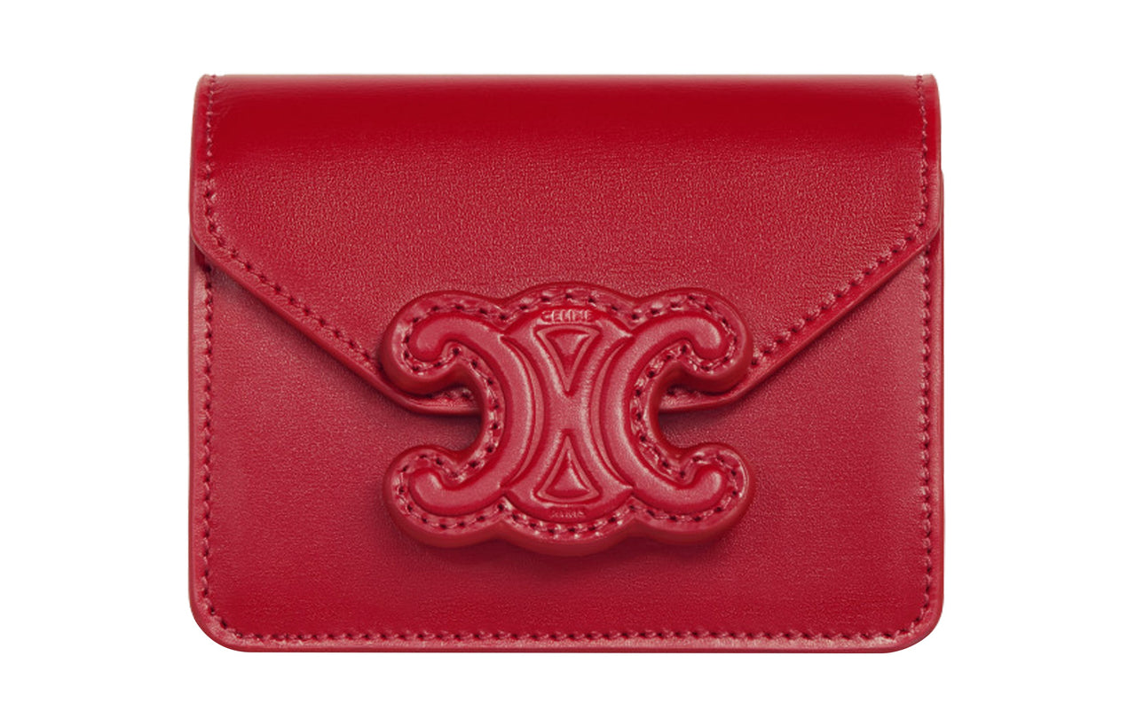 CELINE Cow Leather Card Holder Women's Velour Red