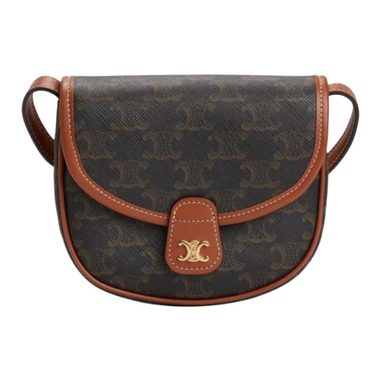 CELINE Besace Triophee Canvas With Calfskin Shoulder Bag Mini Women's Brown