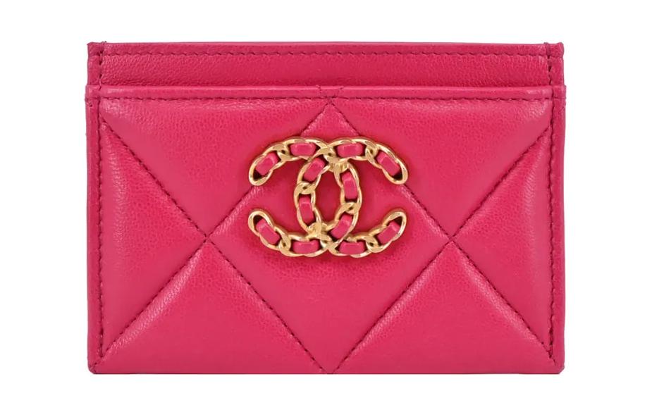 CHANEL 19Bag Lambskin Card Clip Card Holder Women's Peach Pink