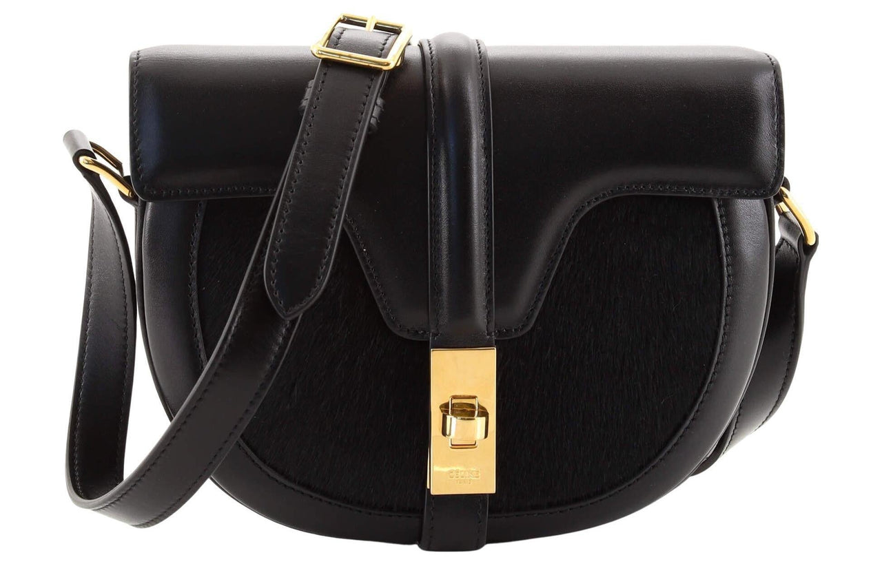 CELINE Besace Cowhide With Horsehair Saddle Bag Shoulder Bag Crossbody Bag Small Size Women's Black