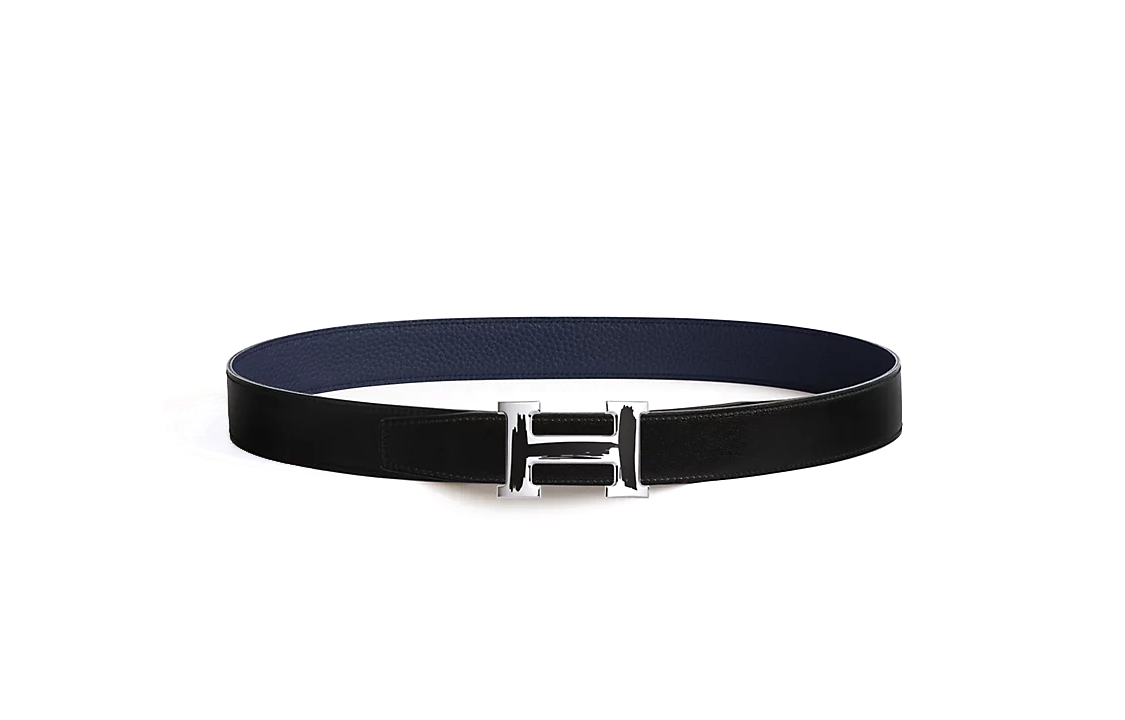 HERMES Badge Design Smooth Buckle Leather Belts Men's Black Width: 3.2CM