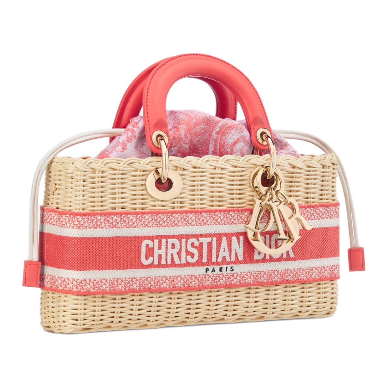 DIOR DIORIVIERALady D-JOY Jacquard Fabric Wicker Shoulder Bag Crossbody Bag Handbag Medium Size Women's Coral