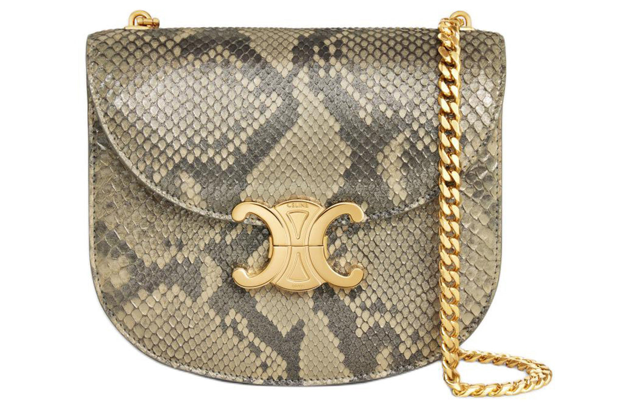 CELINE Besace Pearlescent Snake Leather Crossbody Bag Shoulder Bag Women's Natural Color