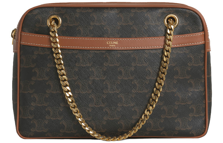 CELINE CANVAS Cow Leather Chain Bag Crossbody Bag Shoulder Bag Medium Size Women's Tawny