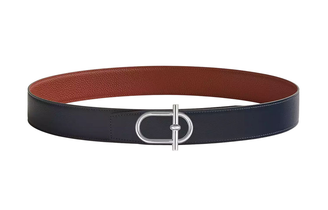 HERMES Avant Garde Silver Buckle Togo Calfskin Double Sided Leather Belt Men's Marine Blue/Ochre Red Width 3.8cm