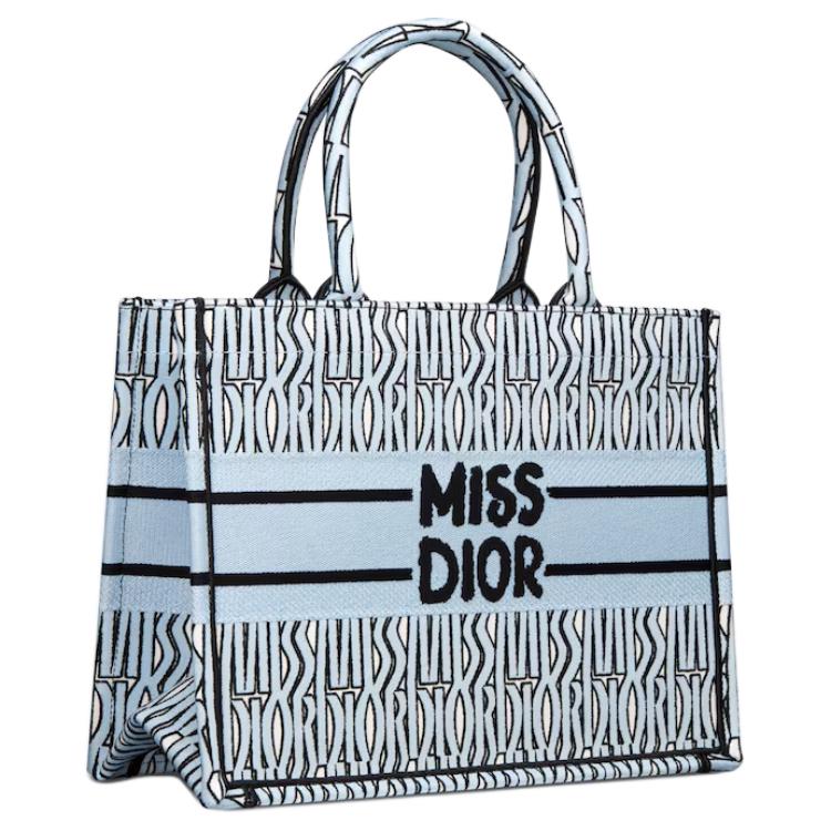 DIOR BookTote Embroidery Tote Bag Shopping Bag Handbag Medium Size Women's Light Blue & Black
