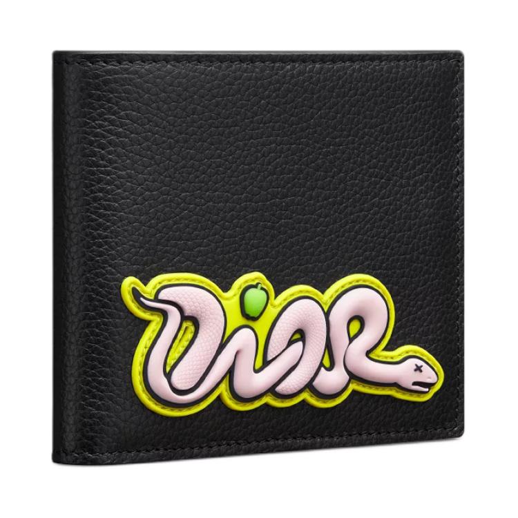 DIOR KAWS Collaboration Cow Leather Wallet Unisex Black