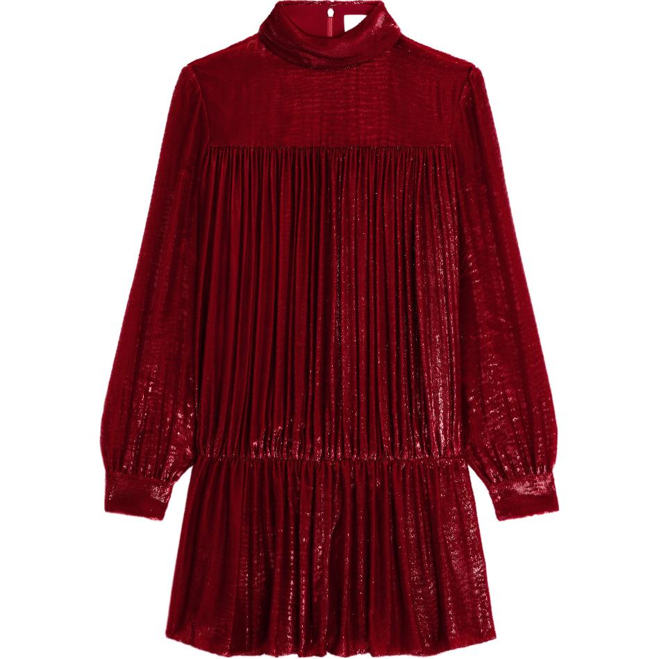 CELINE Gathered Mini Dress In Flowing Velvet Lamé Rouge Theatre Long Sleeved Dress Women's Red