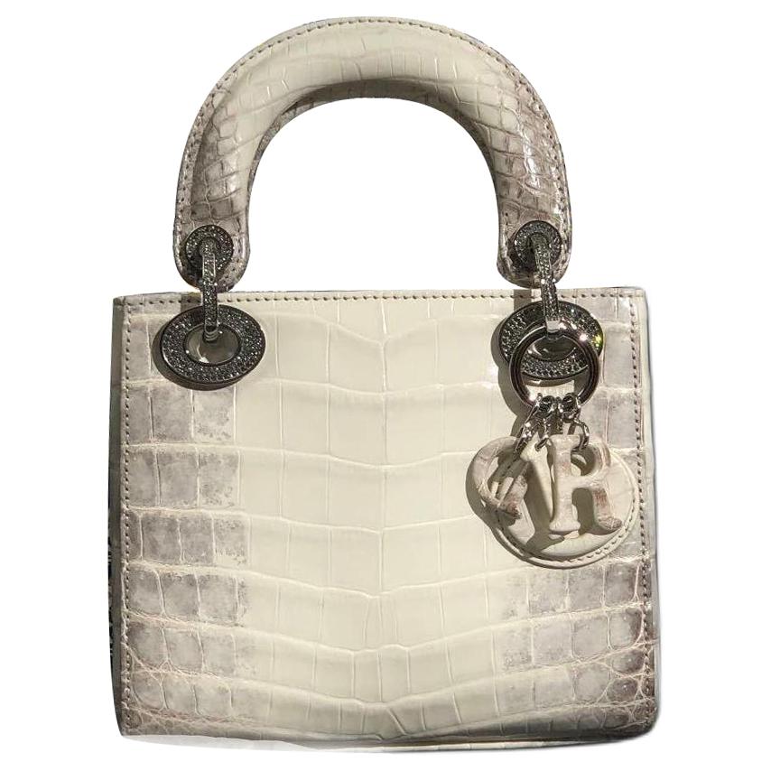 DIOR Lady Dior Crocodile Leather Lady Dior Bag, Shoulder Bag, Crossbody Bag, Handbag Trumpets Women's Gray & White