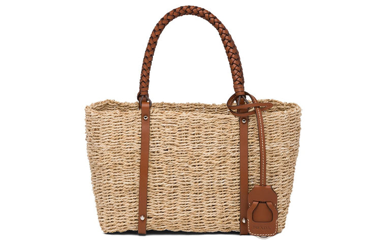 PRADA Cow Leather And Straw Handbag Unisex Beige