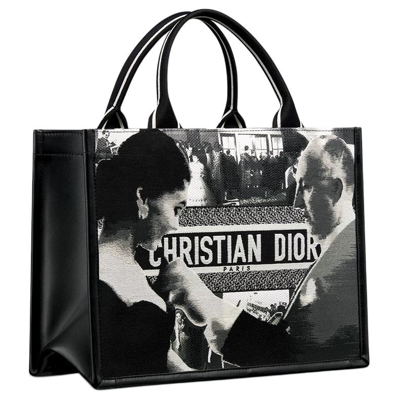 DIOR Cotton Tote Bag, Shopping Bag, Shoulder Bag, Crossbody Bag, Handbag Medium Size Women's Black White