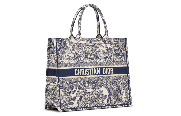 DIOR BookTote Rui Embroidery Tote Bag Shopping Bag Handbag Large Size Women's Blue