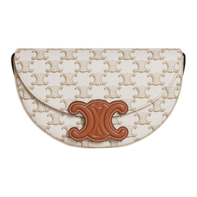CELINE BesaceTriomphe Canvas-paneled Calfskin Trim Saddle Bag Messenger Bag Crossbody Bag Shoulder Bag Women's White