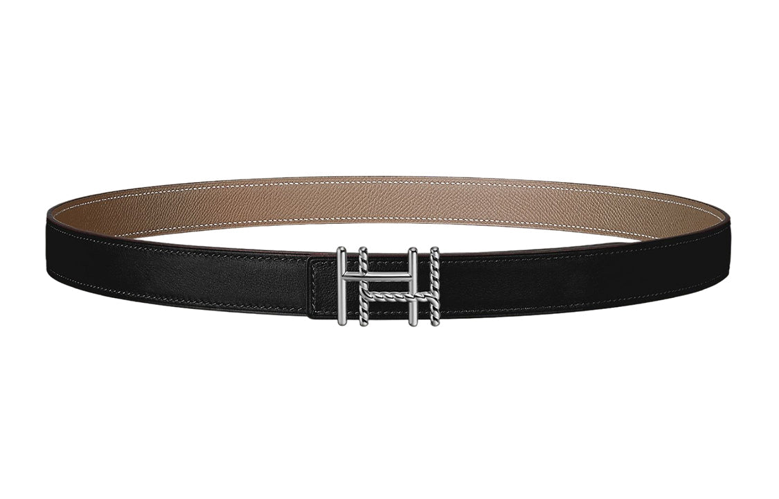 HERMES Avant-Garde Silver Buckle Epsom Calfskin Double-Sided Leather Belt Women's Black Width: 2.4cm