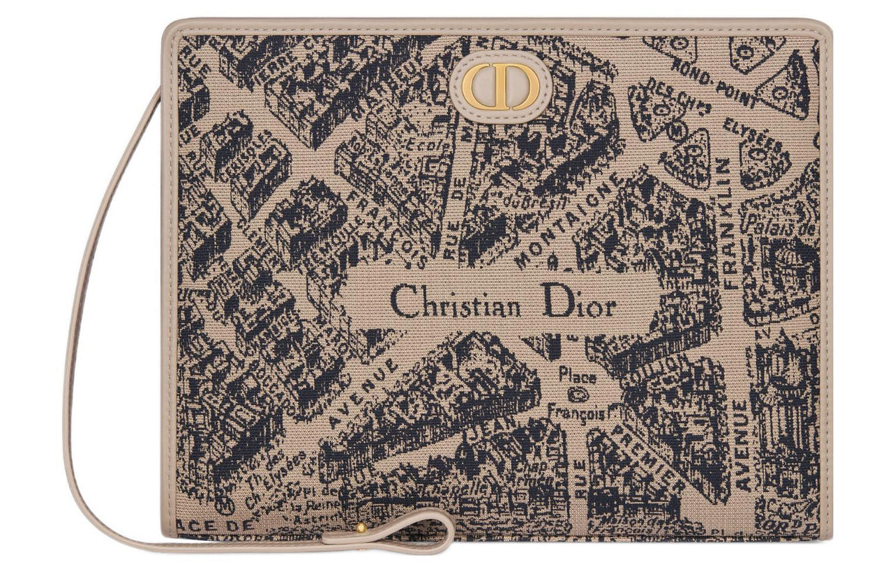 DIOR 30 Montaigne Jacquard Fabric Clutch Medium Size Women's Beige/Black