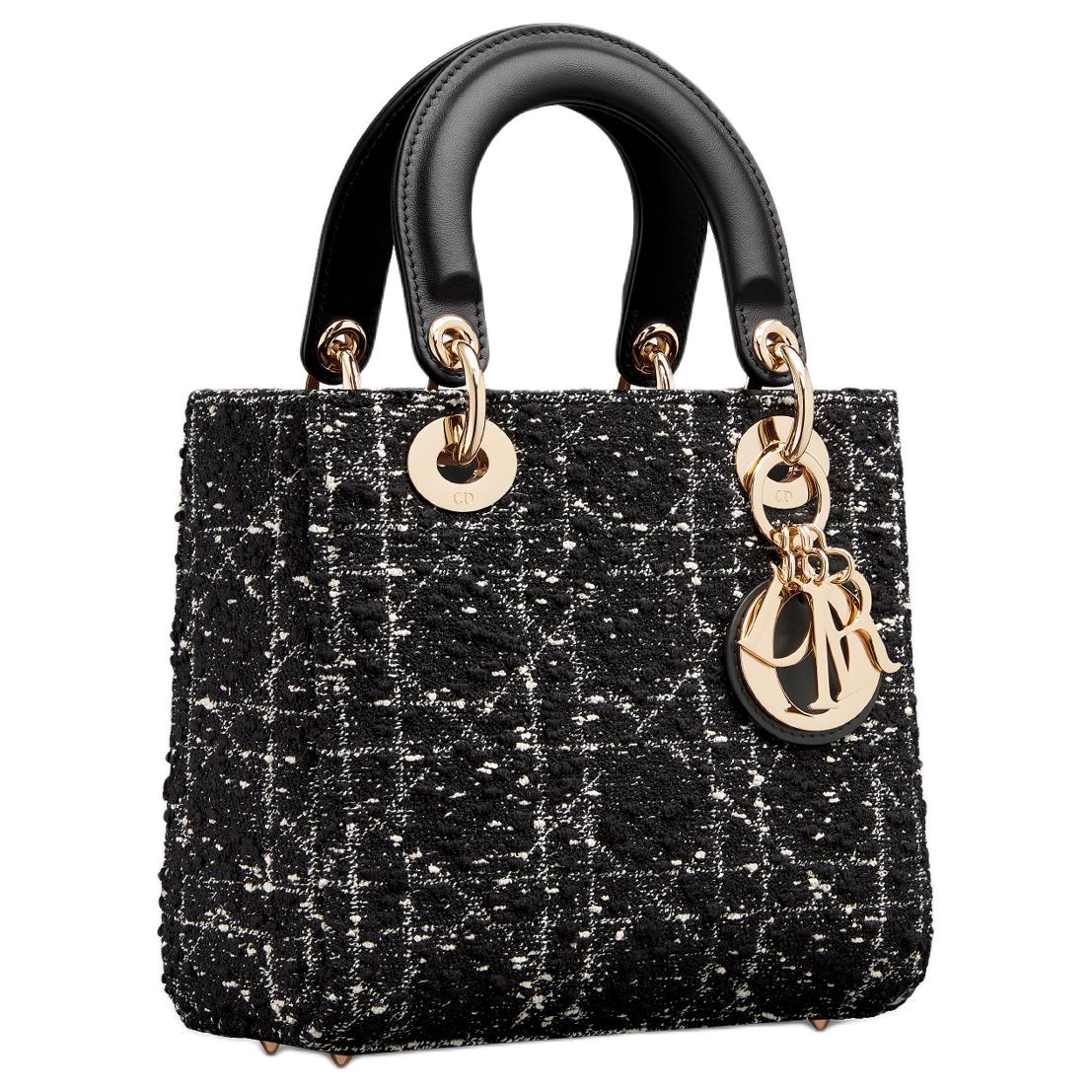 DIOR Lady Dior Cotton With Cow Leather Patchwork Shoulder Bag Crossbody Bag Handbag Small Size Women's Black