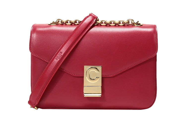 CELINE Cow Leather Shoulder Bag Women's Red