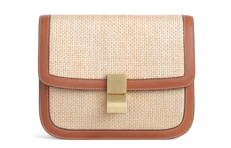 CELINE Classic Bo Fabric Woven With Cow Leather Crossbody Bag Shoulder Bag Medium Size Women's Brown