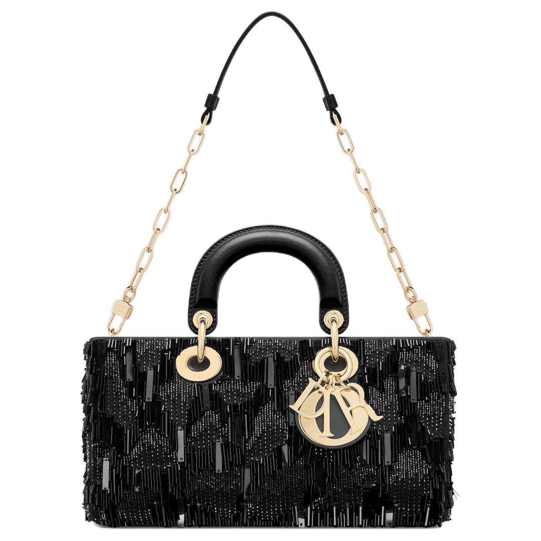DIOR Lady D-JOY Cotton With Cow Leather Shoulder Bag Crossbody Bag Handbag Medium Size Women's Black