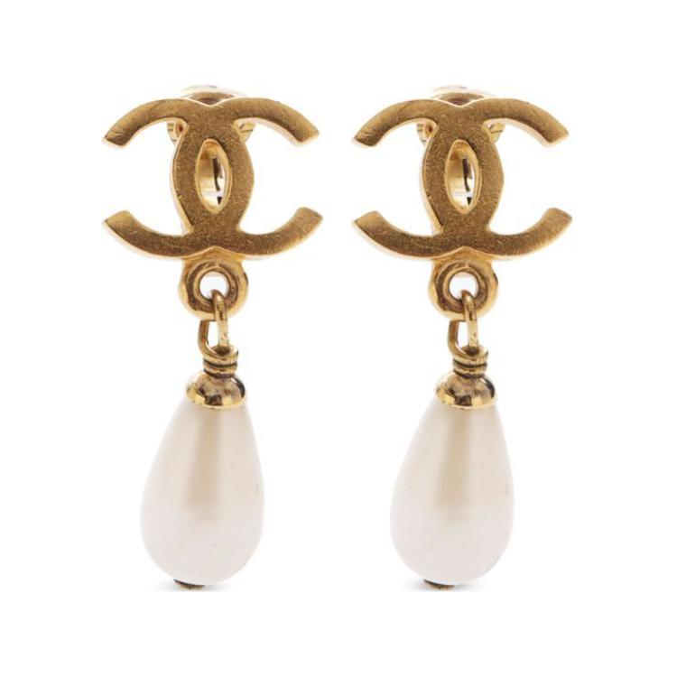 CHANEL 1995 Plated Cc Faux Pearl Drop Clip On Earrings Costume Earrings