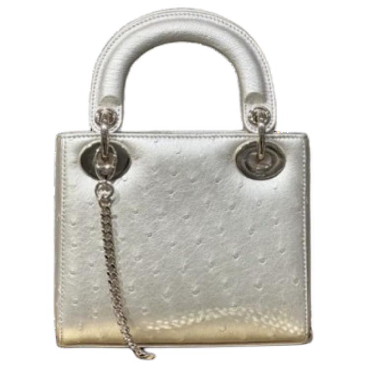 DIOR Ostrich Leather Lady Dior Bag, Shoulder Bag, Crossbody Bag, Handbag Small Size Women's Pearl White