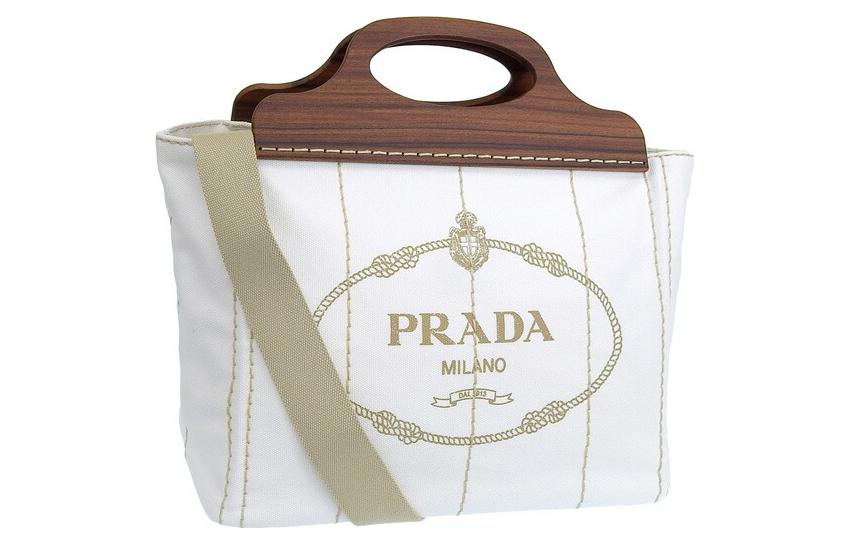 PRADA Canvas With Wood One Shoulder Canvas Bag Handbag Women's White