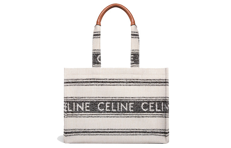CELINE Cabas Fabric Tote Bag Shopping Bag Handbag Large Size Women's White/Black