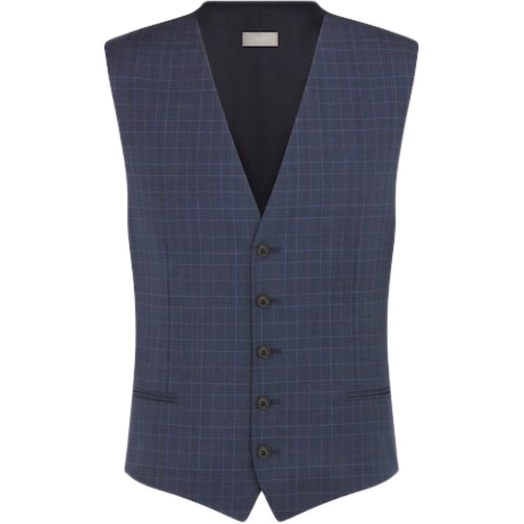 DIOR Blue Checkered Virgin Wool Vest Men's Dark Blue