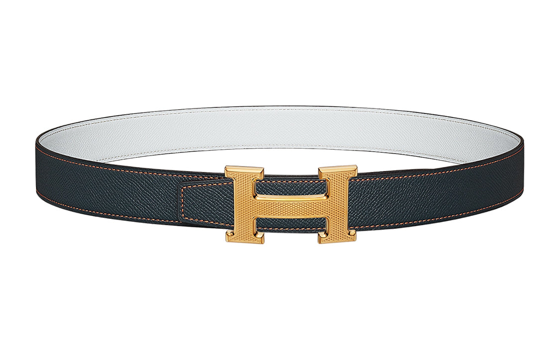 HERMES Avant-Garde Gold Buckle Epsom Calfskin Double-Sided Leather Belt Women's Dark Blue/White Width: 3.2cm