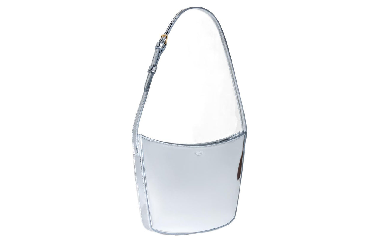 CELINE Croque Mirror Finish Fabric One Shoulder Handbags Medium Size Women's Silver