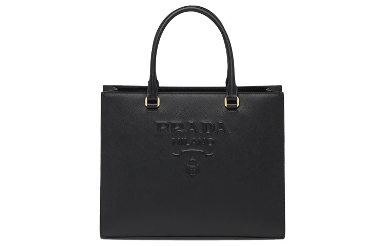 PRADA Cross-Stitch Leather Tote Bag Shopping Bag Handbag Medium Size Women's Black