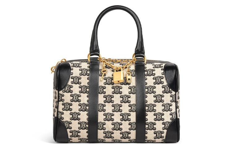 CELINE Embroidered Cow Leather Patchwork Boston Bag One Shoulder Handbags Small Size Women's Black