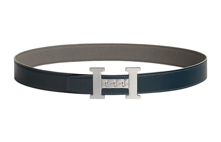 HERMES 5382 Gourmette Silver Buckle Togo Calfskin Double-Sided Leather Belt Unisex Marine Blue/Tin Gray Width: 3.2cm