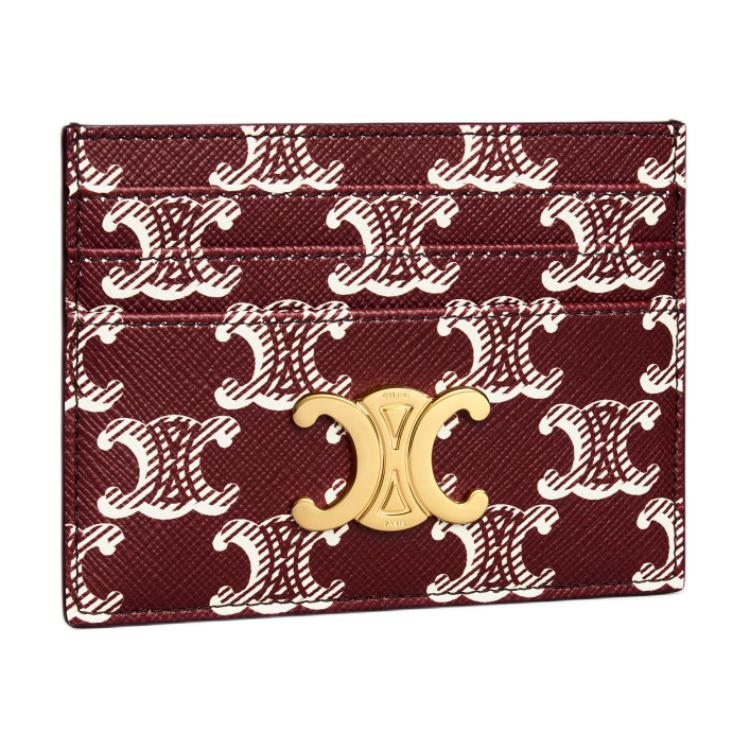 CELINE Calfskin Card Holder Women's Light Burgundy Red