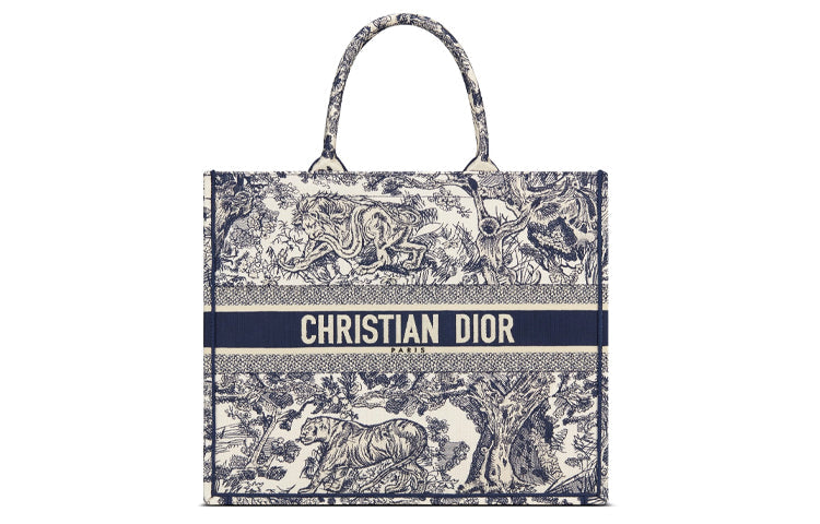 DIOR BookTote Rui Embroidery Tote Bag Shopping Bag Handbag Large Size Women's Blue