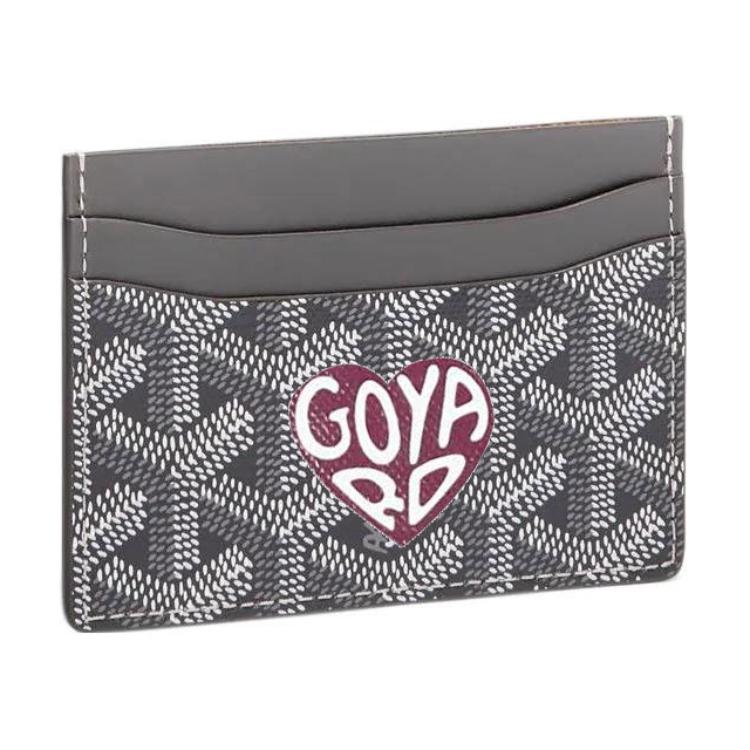 GOYARD Saint-Sulpice Canvas With Calfskin Card Clip Card Holder Unisex Gray & Burgundy Small Heart