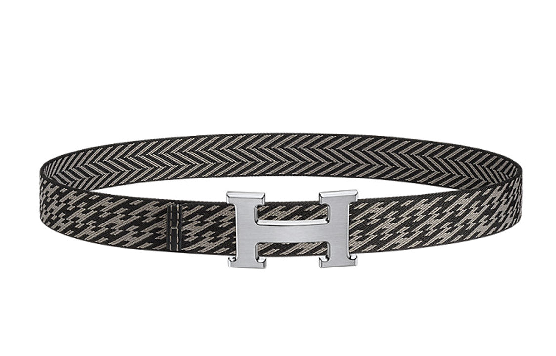 HERMES Avant Garde Silver Buckle, Nylon Mesh Double Sided Belt Men's Black/Graphite Width 3.2cm