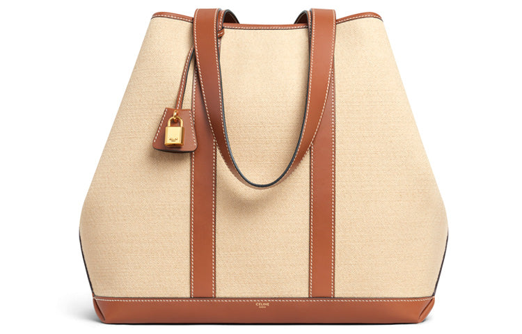 CELINE Cabas Fabric With Leather Tote Bag Shopping Bag Handbag Shoulder Bags Women's Natural Color/Tan