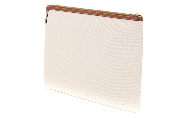 CELINE Cow Leather Canvas Clutch Tubas Women's White